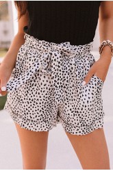 White Leopard Print Pocket Drawstring Ruffled High Waist Shorts