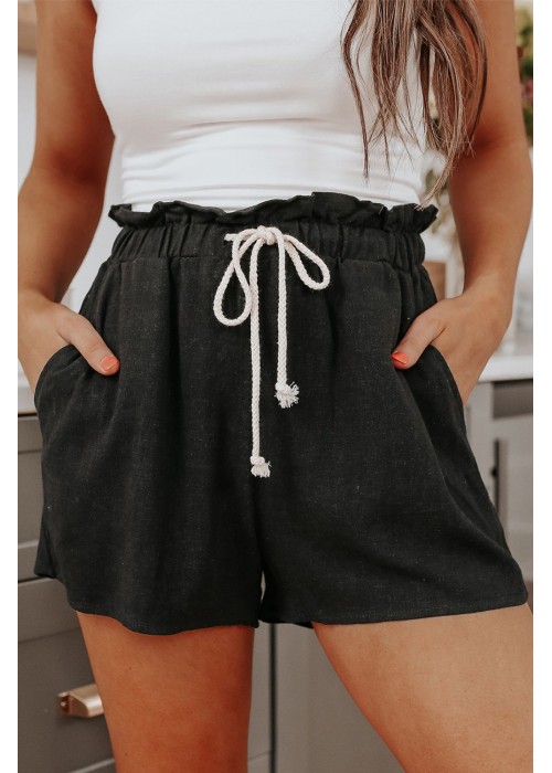 Black Paperbag Waist Drawstring Linen Blend Casual Shorts