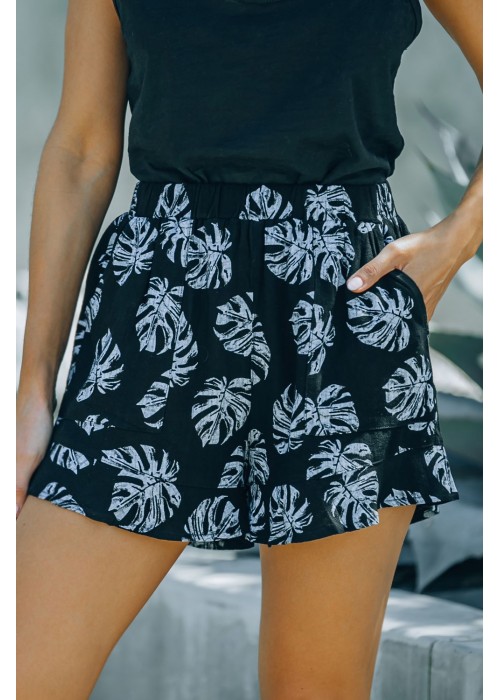 Black Palm Tree Leaves Print Elastic Waist Shorts with Pocket