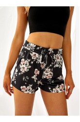 Black Drawstring Elastic Waist Floral Shorts