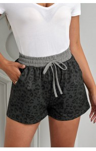 Gray Leopard Print Drawstring Waist Shorts