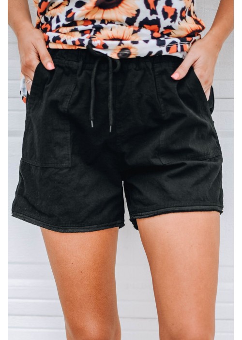 Black Raw Hem Pocketed Drawstring Casual Shorts