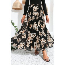 Black Floral Printed Chiffon Elastic High Waist Pleated Long Skirt