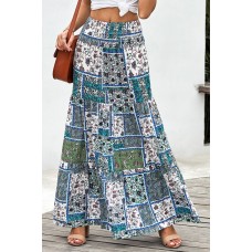 Green Boho Print Tie-Up Waist Long Maxi Skirt
