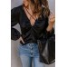 Black Ruched V Neck Puffy Sleeve Blouse