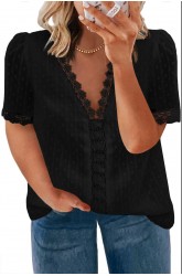 Black V Neck Lace Crochet Swiss Dot Short Sleeve Blouse