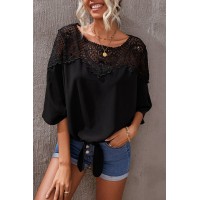 Black Lace Splicing Tie Knot Bell Sleeve Blouse