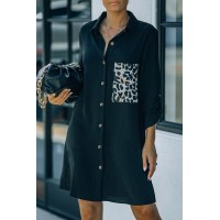Black Cheetah Print Pocket Button Design Casual Shirt
