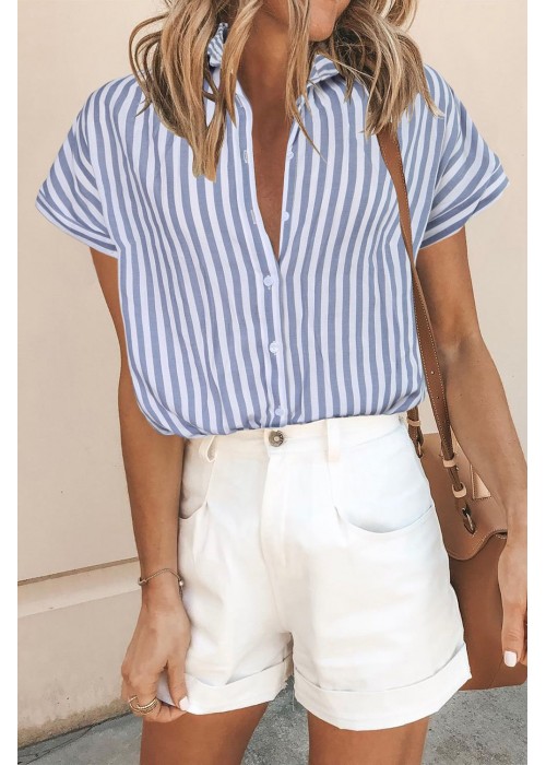 Blue Short Sleeve Buttoned Striped Print Blouse