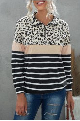 Khaki Leopard Striped Zip Collar Pullover Sweatshirt