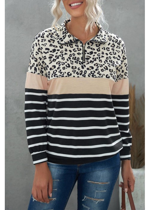 Khaki Leopard Striped Zip Collar Pullover Sweatshirt
