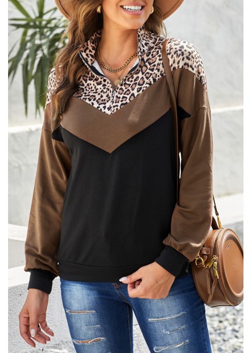 Leopard Print Splicing Colorblock Zipped Collar Sweatshirt